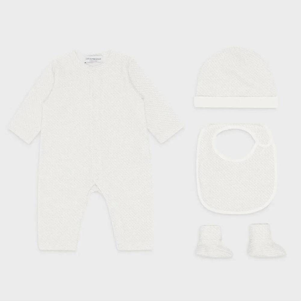 NEW EMPORIO ARMANI kids' eagle booties, bib, romper and beanie in cream